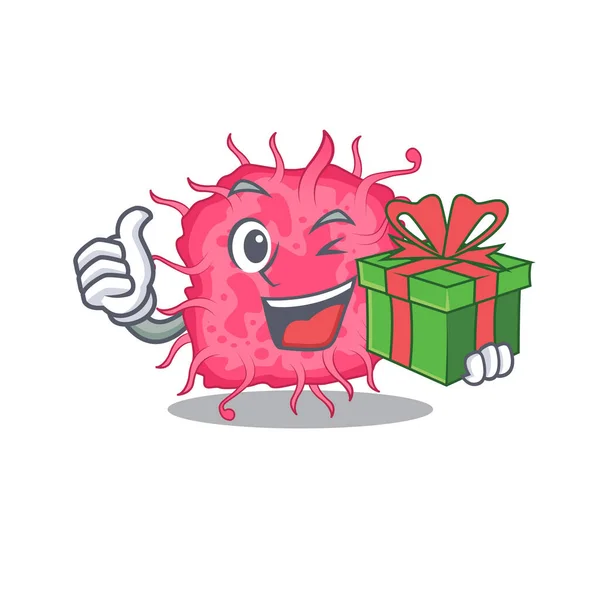 Smiling Pathogenic Bacteria Cartoon Character Having Green Gift Box Vector — Stock Vector