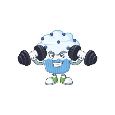 Spor salonu vanilya mavisi kek çizgi film karakteri halterleri kullanıyor. Vektör illüstrasyonu