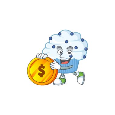 Vanilya mavisi kek zengin çizgi film karakteri büyük altın sikkeye sahip. Vektör illüstrasyonu