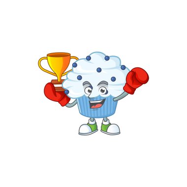 Çizgi film karakteri tasarımında sunulan boks şampiyonu vanilyalı mavi kekin gururlu yüzü. Vektör illüstrasyonu