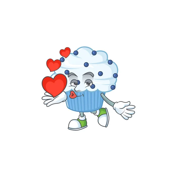 Adorable Cartoon Design Vanilla Blue Cupcake Holding Heart Vector Illustration — Stock Vector