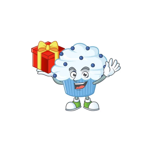 Encantador Diseño Mascota Cupcake Azul Vainilla Tiene Una Caja Roja — Vector de stock