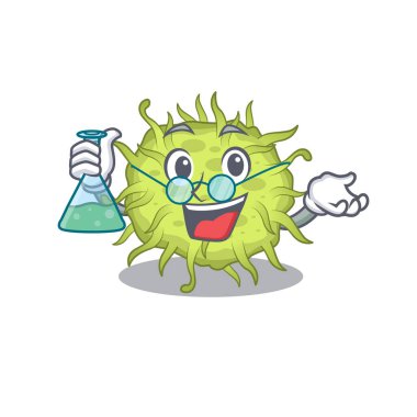 Bakteri kokusu zeki Profesör Çizgi Film tasarımı stili cam tüple çalışıyor. Vektör illüstrasyonu