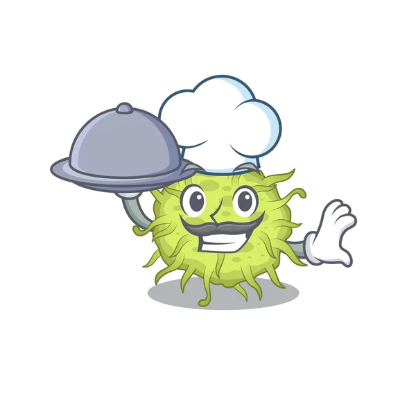 박테리아 Coccus 주방장의 캐릭터가 쟁반에 음식을 있습니다 일러스트 — 스톡 벡터