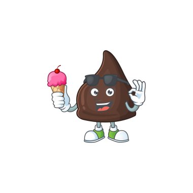 Tatlı çikolatalı Conitos çizgi film karakteri dondurma yiyor. Vektör illüstrasyonu