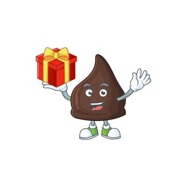 Büyüleyici çikolata conitos maskot tasarımının kırmızı bir hediye kutusu var. Vektör illüstrasyonu