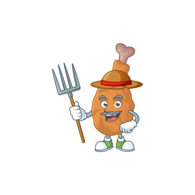 Şapka ve dirgenli kızarmış tavuk maskotu tasarımı. Vektör illüstrasyonu