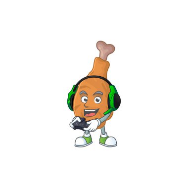 Kızarmış tavuk yetenekli oyuncunun kulaklık ve kumandayla oynadığı bir çizgi film tasarımı. Vektör illüstrasyonu