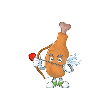 Oklu ve kanatlı kızarmış tavuk ve aşk tanrısı maskotu tasarımı. Vektör illüstrasyonu