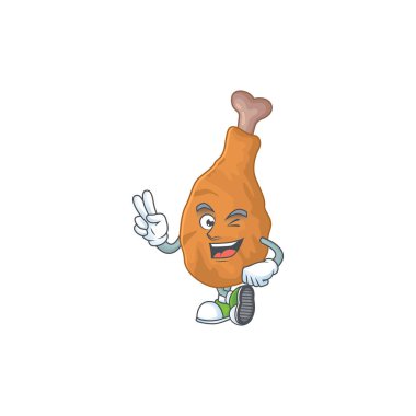 İki parmaklı neşeli kızarmış tavuk maskotu tasarımı. Vektör illüstrasyonu