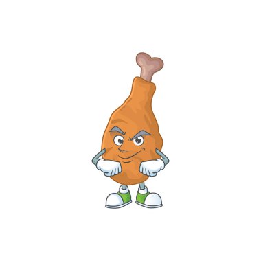 Kızarmış tavuk maskotu tasarımı ve sırıtan bir yüz. Vektör illüstrasyonu