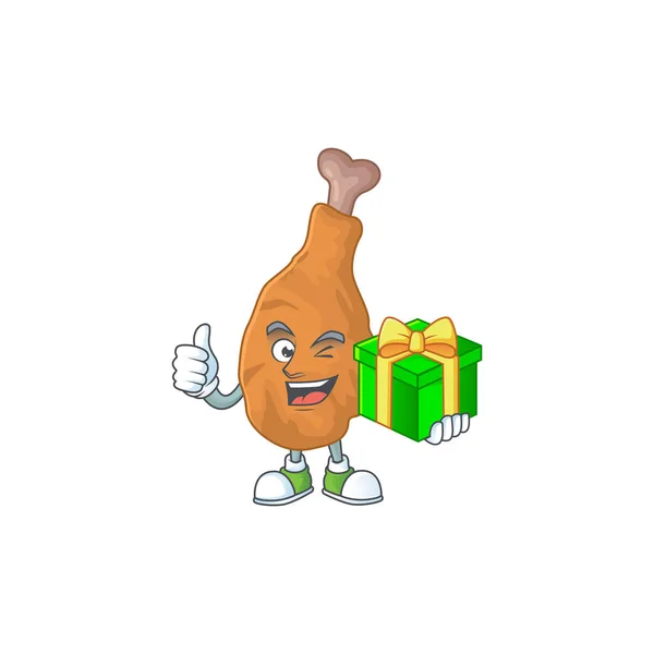 Personagem Desenho Animado Frango Frito Smiley Segurando Uma Caixa Presente — Vetor de Stock