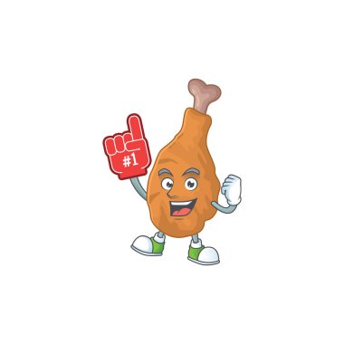 Çizgi film karakteri kavramı kızarmış tavuğun kırmızı köpük parmak tutuşu. Vektör illüstrasyonu