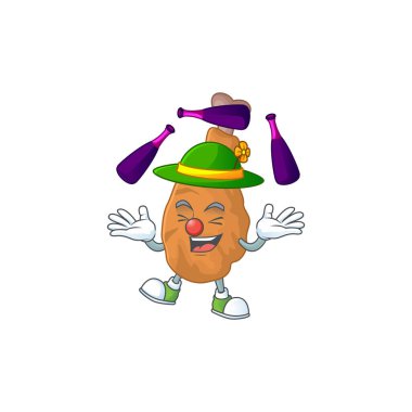 Maskot tarzı kızarmış tavuk sahnede hokkabazlık yapıyor. Vektör illüstrasyonu