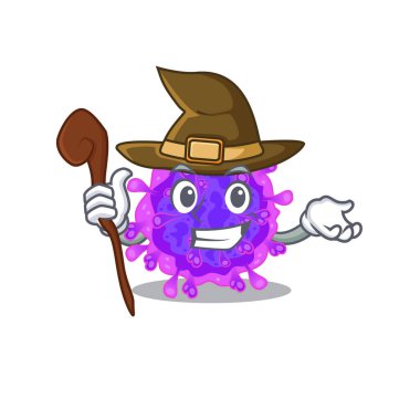 Şirin ve sinsi cadı alfa koronavirüs çizgi film tasarımı tarzı. Vektör illüstrasyonu