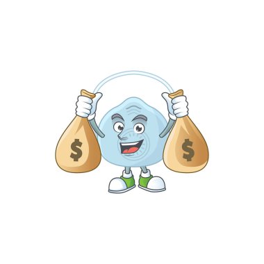 Para çantaları olan neşeli zengin maskeli çizgi film karakteri. Vektör illüstrasyonu