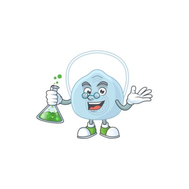 Nefes alma dehası Profesör Çizgi Film karakteri elinde cam tüp tutuyor. Vektör illüstrasyonu