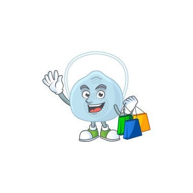 Çizgi film karakteri konsepti, alışveriş torbaları ile zengin nefes maskesi. Vektör illüstrasyonu