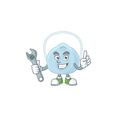 Tamirci maskotun biri bozuk bir makineyi tamir etmiş. Vektör illüstrasyonu