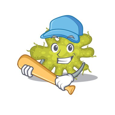 Beyzbol oynayan bakteri çizgi film karakteri resmi. Vektör illüstrasyonu