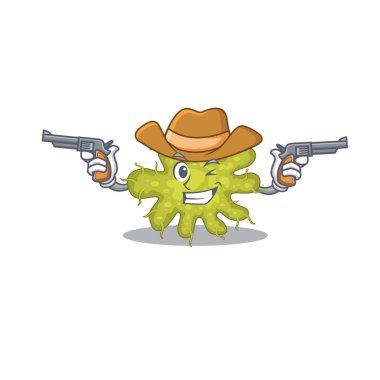 Bakteri çizgi film karakteri ve silahlı yakışıklı kovboy. Vektör illüstrasyonu