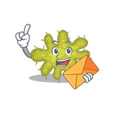 Kahverengi zarflı mutlu bakteri maskotu tasarımı. Vektör illüstrasyonu