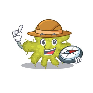 Maskot tasarım konsepti pusula ile bakteri kaşifi. Vektör illüstrasyonu