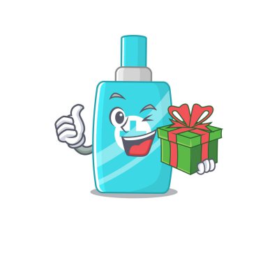 Yeşil hediye kutusu olan gülümseyen krem renkli çizgi film karakteri. Vektör illüstrasyonu