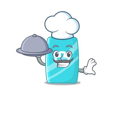 Krem rengi krem rengi çizgi film karakteri tepside yemek servisi yapıyor. Vektör illüstrasyonu