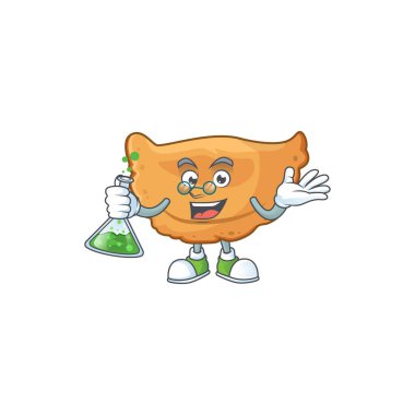 Ceylan dehası Profesör Çizgi Film karakteri elinde cam tüp tutuyor. Vektör illüstrasyonu