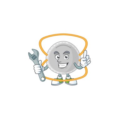 Tamirci N95 maskotunun maskotu bozuk bir makineyi tamir etti. Vektör illüstrasyonu