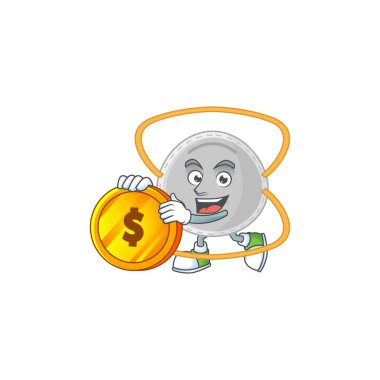 N95 maskeli zengin çizgi film karakteri büyük altın sikkeye sahiptir. Vektör illüstrasyonu