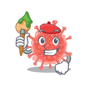 Yaratıcı bir oncovirus ressamı, fırçalı bir maskot tasarımı. Vektör illüstrasyonu