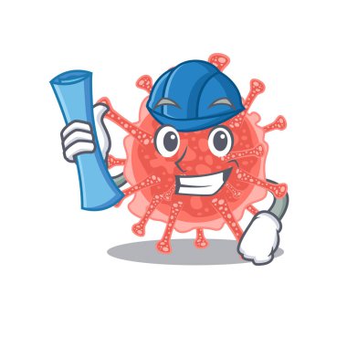 Oncovirus 'un çizgi film karakteri, mavi baskılı, mavi kasklı, zeki mimar. Vektör illüstrasyonu