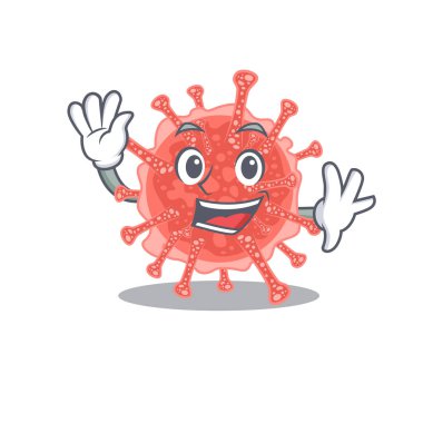 Karizmatik bir oncovirus maskot tasarımı gülümseme ve el sallama. Vektör illüstrasyonu