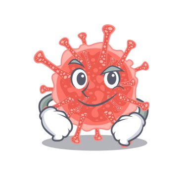 Oncovirus 'ün maskot tasarımı, kendinden emin bir jest. Vektör illüstrasyonu