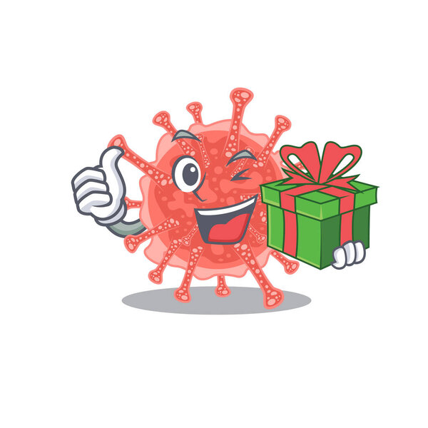 Улыбающийся персонаж онковируса с зелёной подарочной коробкой. Векторная иллюстрация
