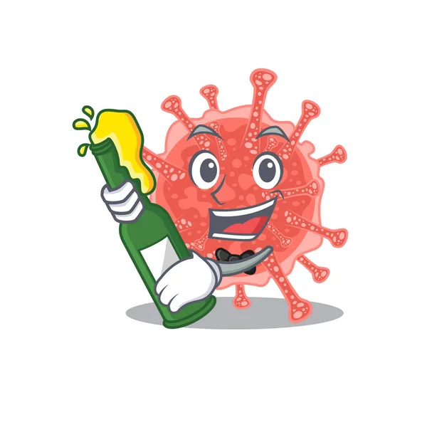 Mascot Character Design Oncovirus Say Cheers Bottle Beer Vector Illustration — Stock Vector