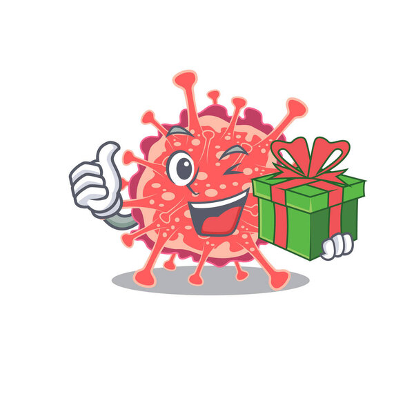 Смолящий мультяшный персонаж polyploviricotina с зеленой подарочной коробкой. Векторная иллюстрация
