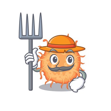 Şapkası ve yabası olan bir çiftçi olarak bakteri endosporasının çizgi film karakteri tasarımı. Vektör illüstrasyonu