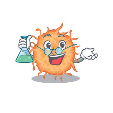 Bakteri endospore akıllı Profesör Çizgi Film tasarımı tarzı cam tüple çalışıyor. Vektör illüstrasyonu