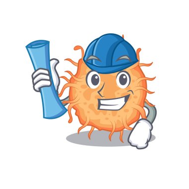 Mavi baskılı ve mavi kasklı bakteri endospore beyinli mimarın çizgi film karakteri. Vektör illüstrasyonu