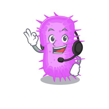 Kulaklık takan muhteşem bir asinetobacter baumannii maskot karakter konsepti. Vektör illüstrasyonu