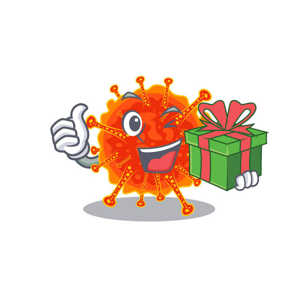 Смолящий рибовирийский мультяшный персонаж с зеленой подарочной коробкой. Векторная иллюстрация
