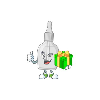 İçinde pipette çizgi film karakteri olan gülen şişe. Elinde hediye kutusu var.