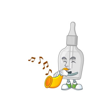Pipet karikatür karakteri trompet çalan parlak bir şişe müzisyeni.
