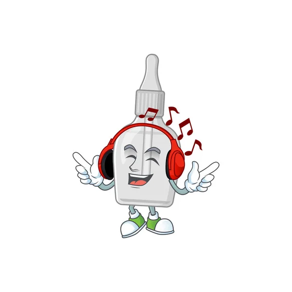Botella de diseño de mascota de dibujos animados con pipeta disfrutando de la música con auriculares — Vector de stock