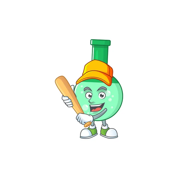 Bouteille chimique verte dessin animé concept de tenir bâton de baseball — Image vectorielle