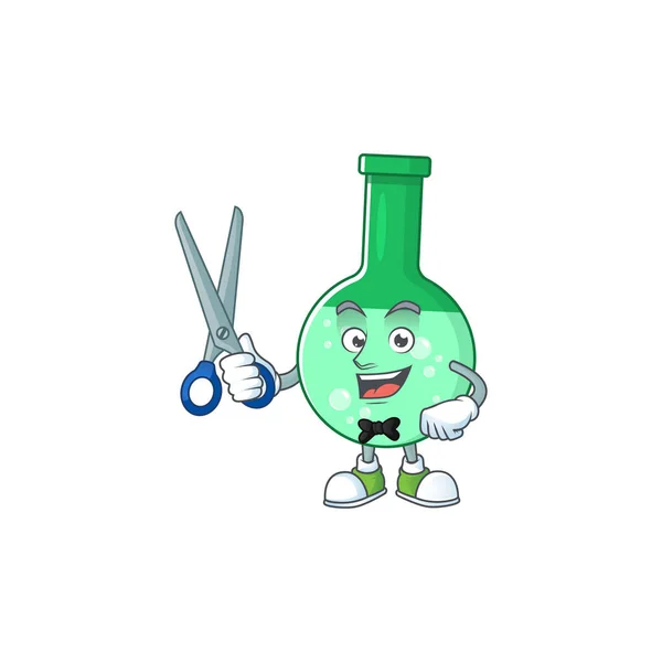 Χαριτωμένο Barber πράσινο χημικό μπουκάλι καρτούν στυλ χαρακτήρα με ψαλίδι — Διανυσματικό Αρχείο