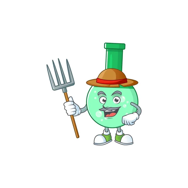 Estilo de diseño de la mascota de Farmer botella química verde con sombrero y horquilla — Vector de stock